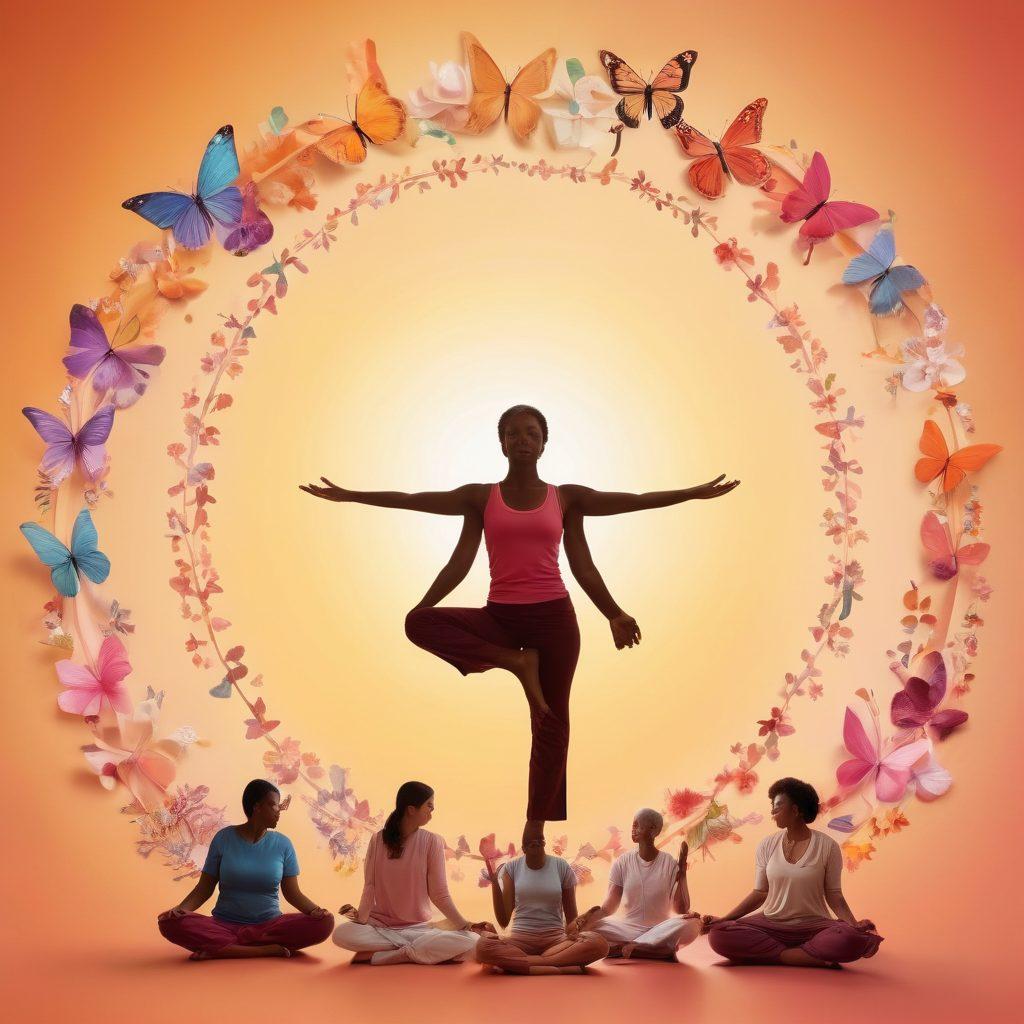 A vibrant collage depicting a diverse group of cancer survivors engaging in wellness activities, such as yoga and meditation, surrounded by symbols of hope like butterfly ribbons. Include warm colors representing community support and advocacy, and subtle imagery of healthcare professionals offering encouragement. Emphasize a sense of empowerment and unity among the individuals. super-realistic. vibrant colors. uplifting atmosphere.
